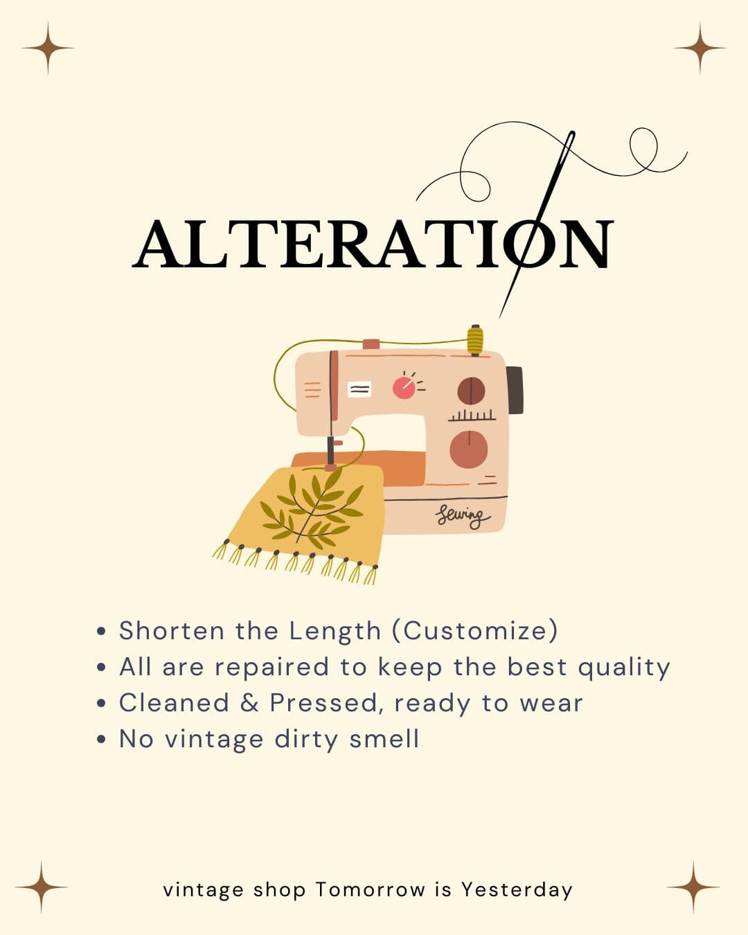 Alteration service — illustrated sewing machine, fabric, and needle. In-house adjustments before shipping.