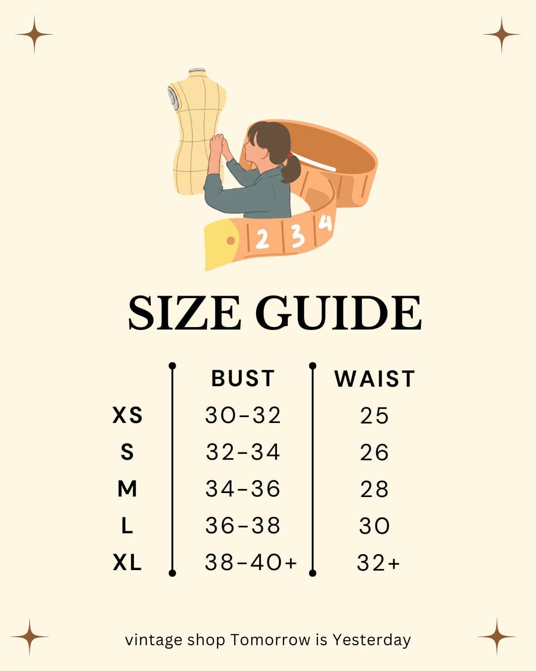 Size guide — illustrated dress form with a measuring tape and a bust/waist chart from XS to XL.