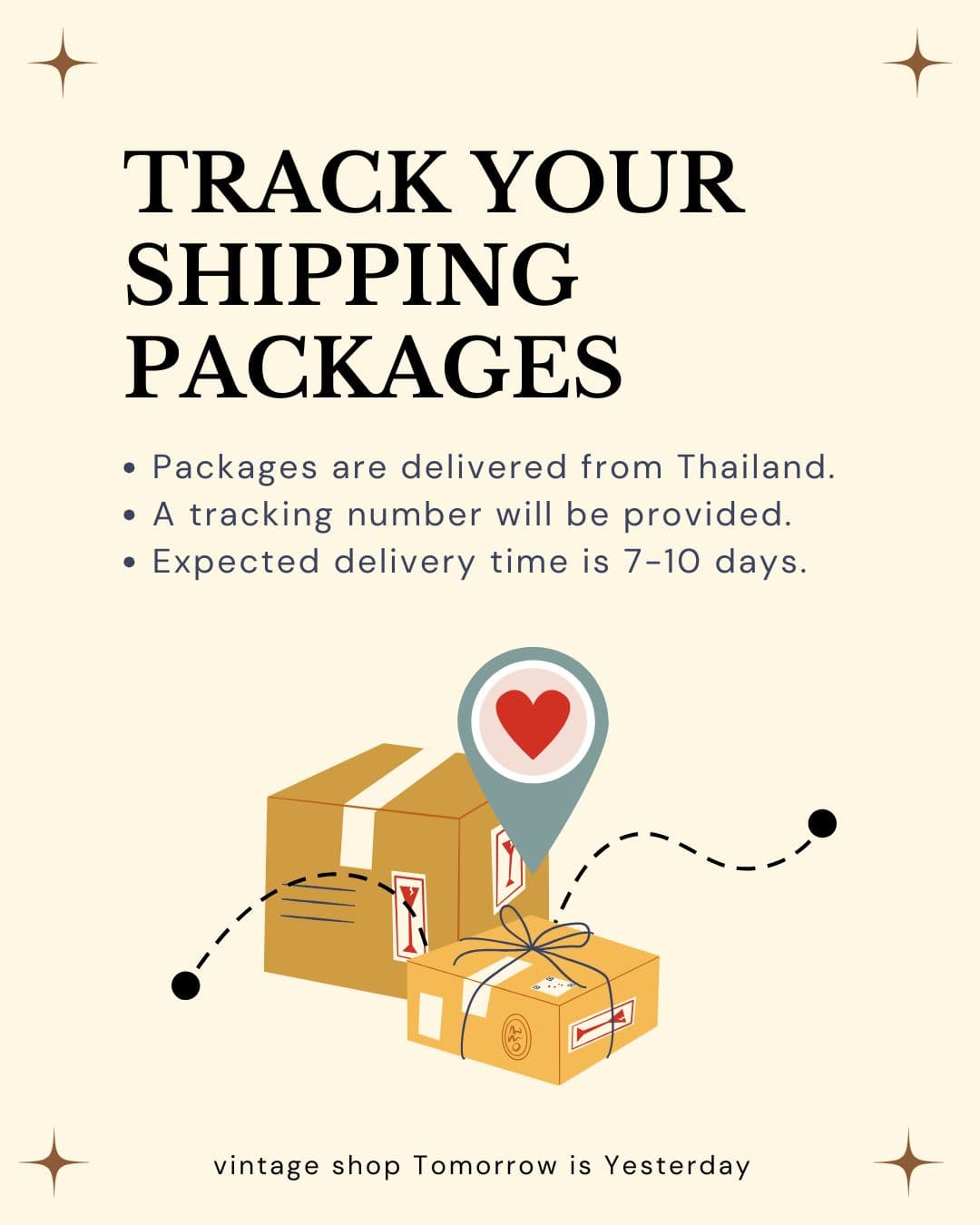 Tracking — illustrated packages with a route pin and dashed path. Tracking number sent via LINE once shipped.