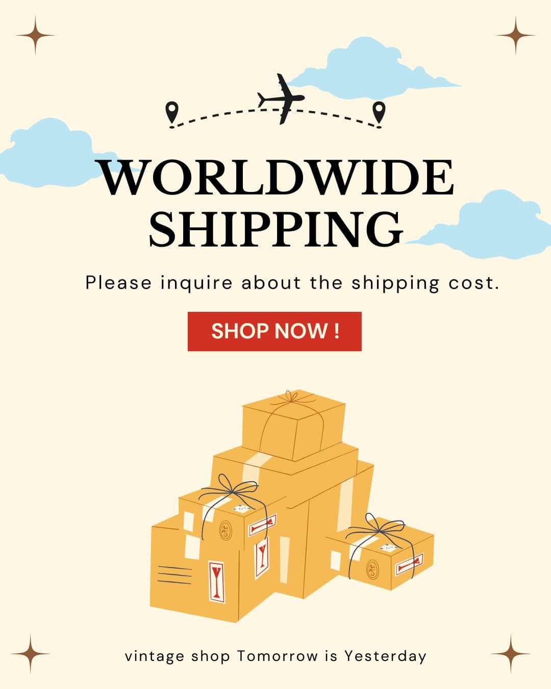 Worldwide shipping — illustrated packages, a plane, and a route across clouds. International shipping from Bangkok.