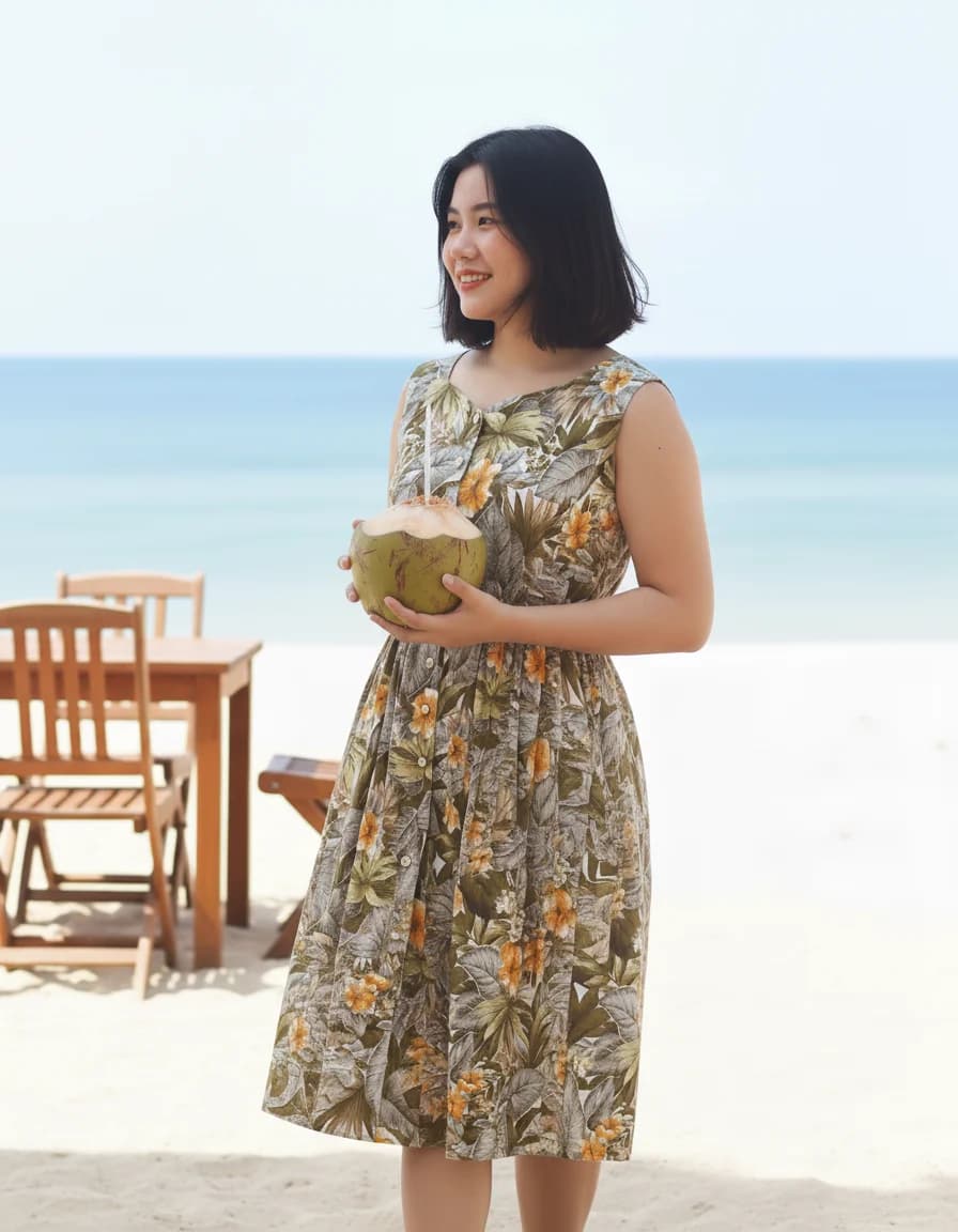 เดรสวินเทจ Tropical สีเขียวมะกอก/ส้ม