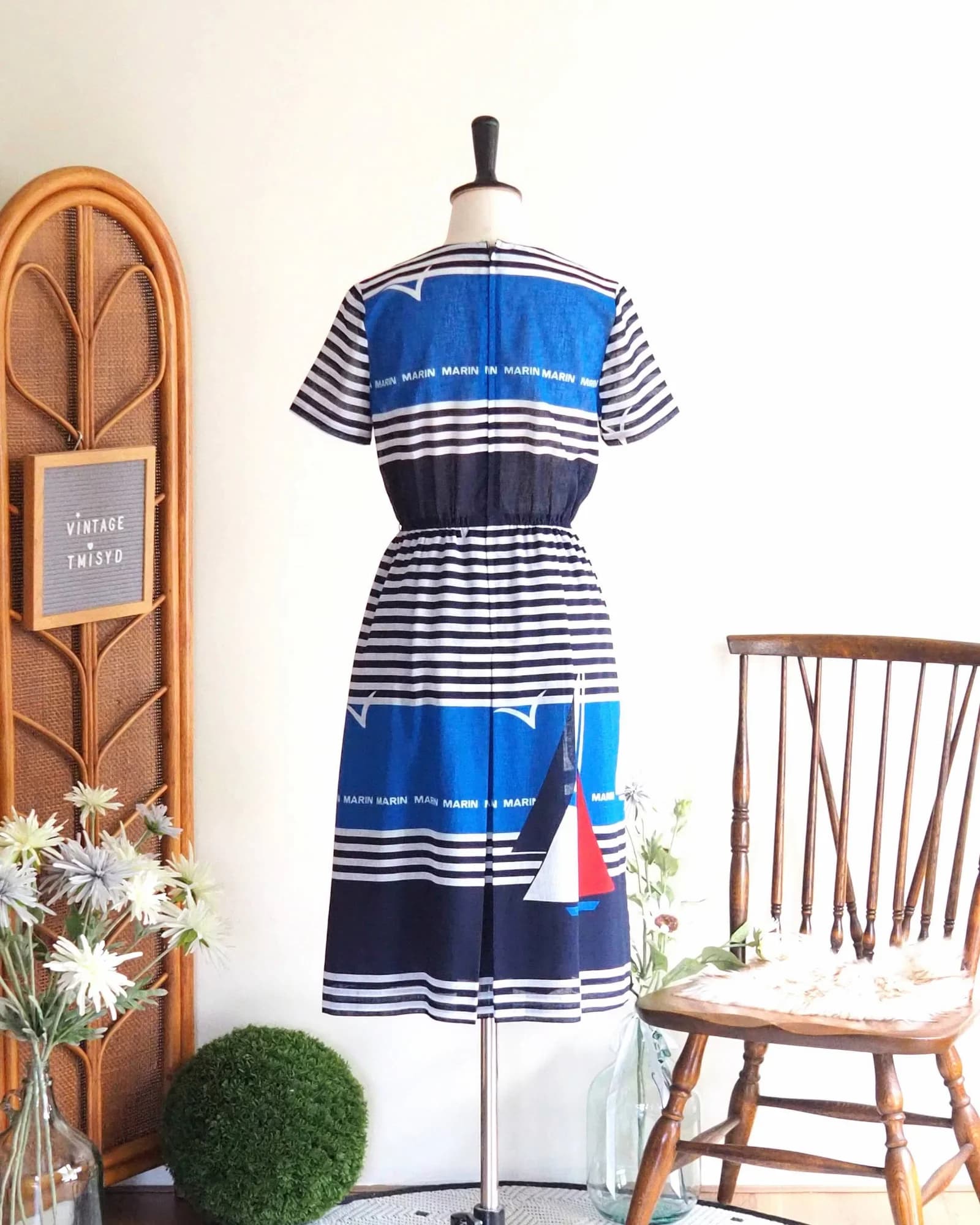 เดรสวินเทจ โทนสีน้ำเงิน ลายเรือใบ nautical marine