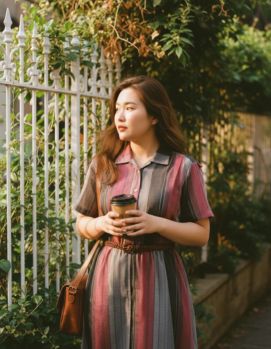 เดรสวินเทจ ผ้าทอลายทาง สีเทา/ชมพู