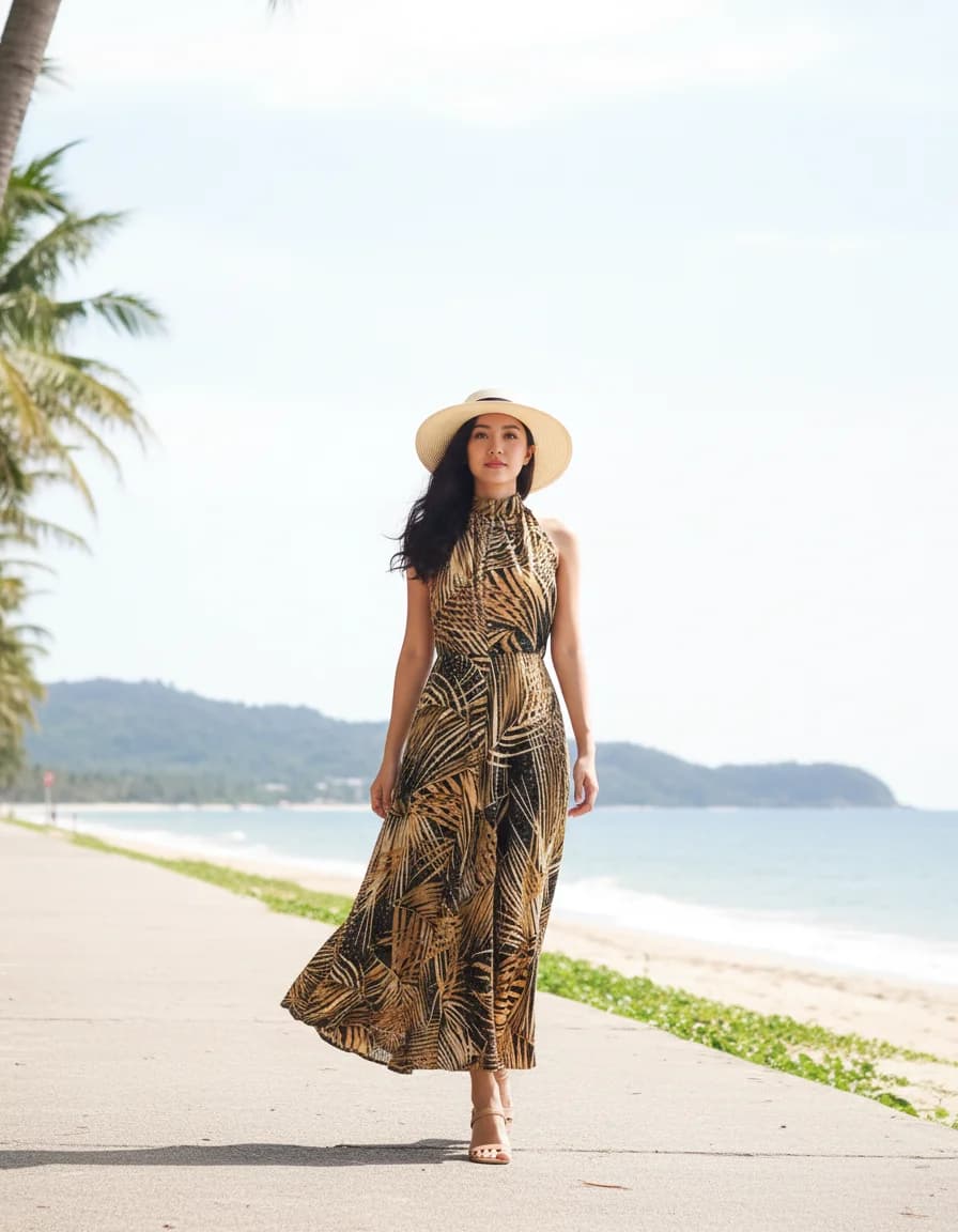 เดรสวินเทจ Maxi สีดำ/น้ำตาล ลายใบไม้