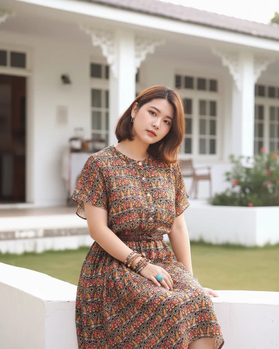 เดรสวินเทจ สีน้ำตาล ลายนก BOHO