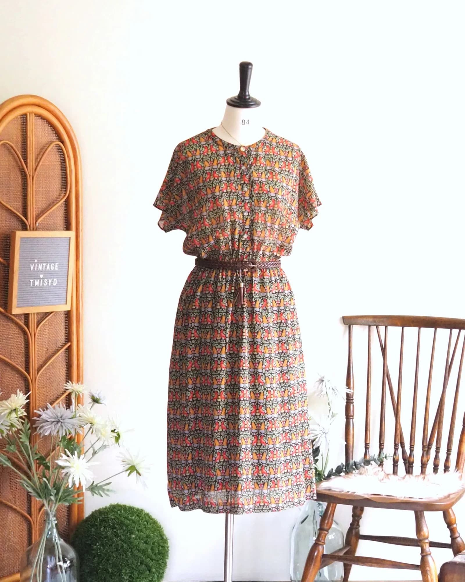 เดรสวินเทจ สีน้ำตาล ลายนก BOHO