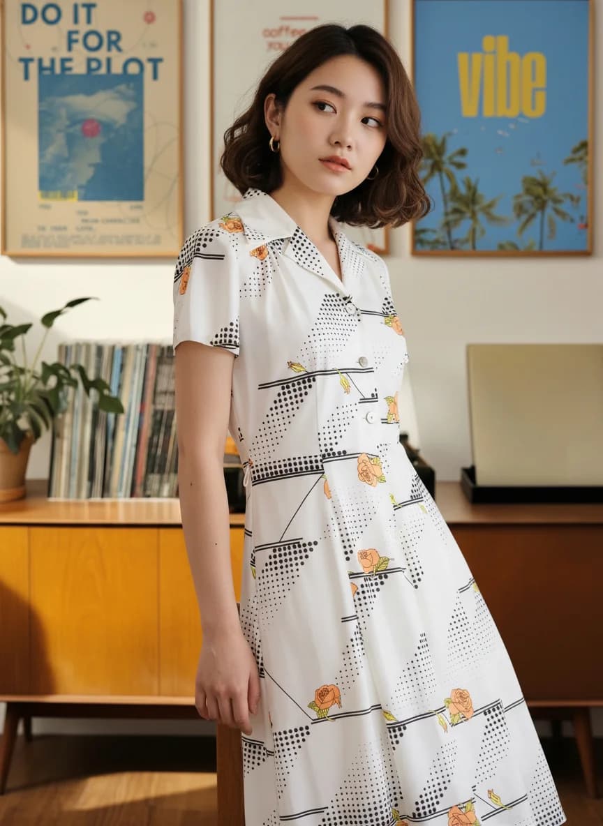 เดรสวินเทจ สีขาวครีม Graphic Halftone Rose Print