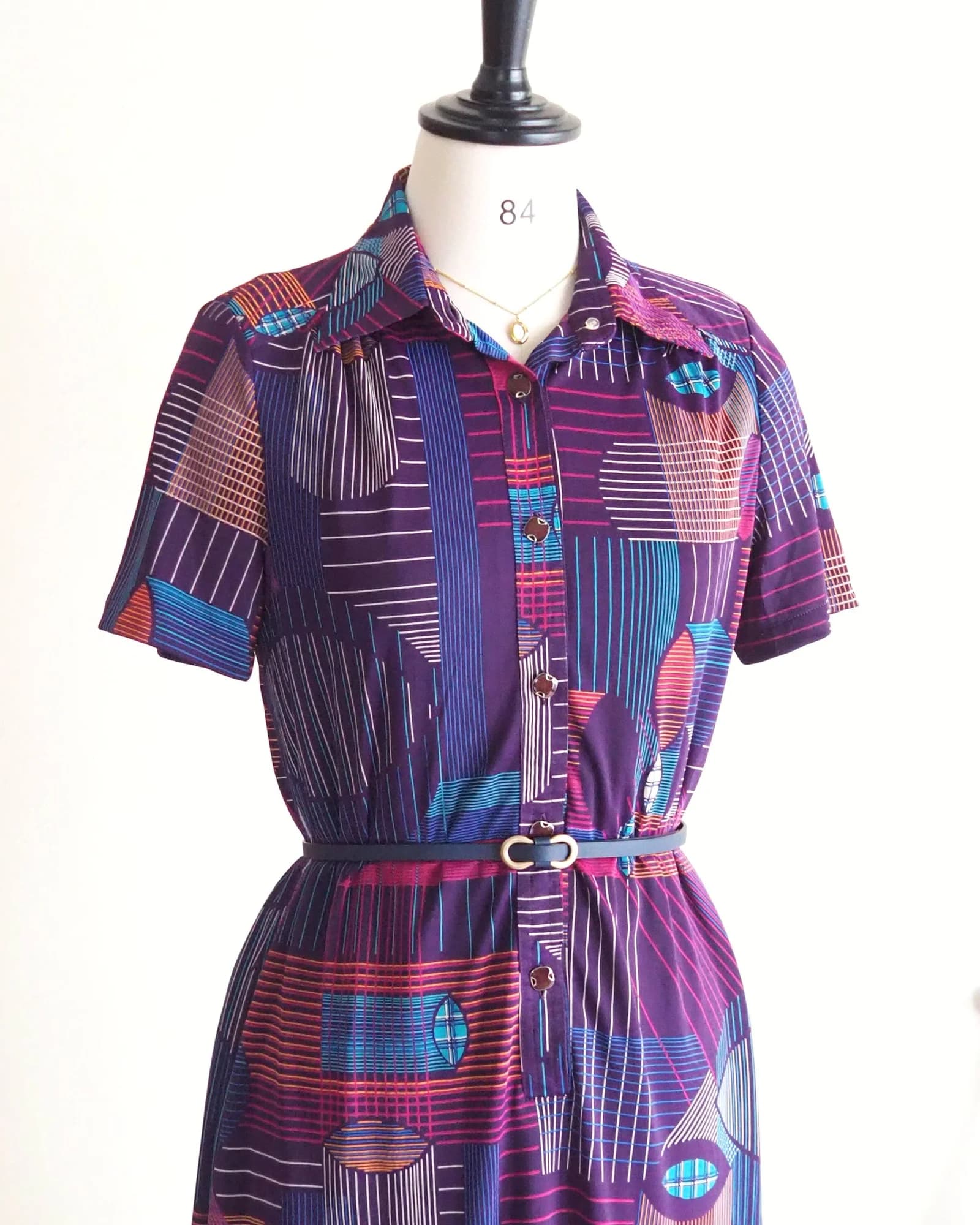 เดรสวินเทจ ตัวปล่อย สีม่วง Retro Geometric