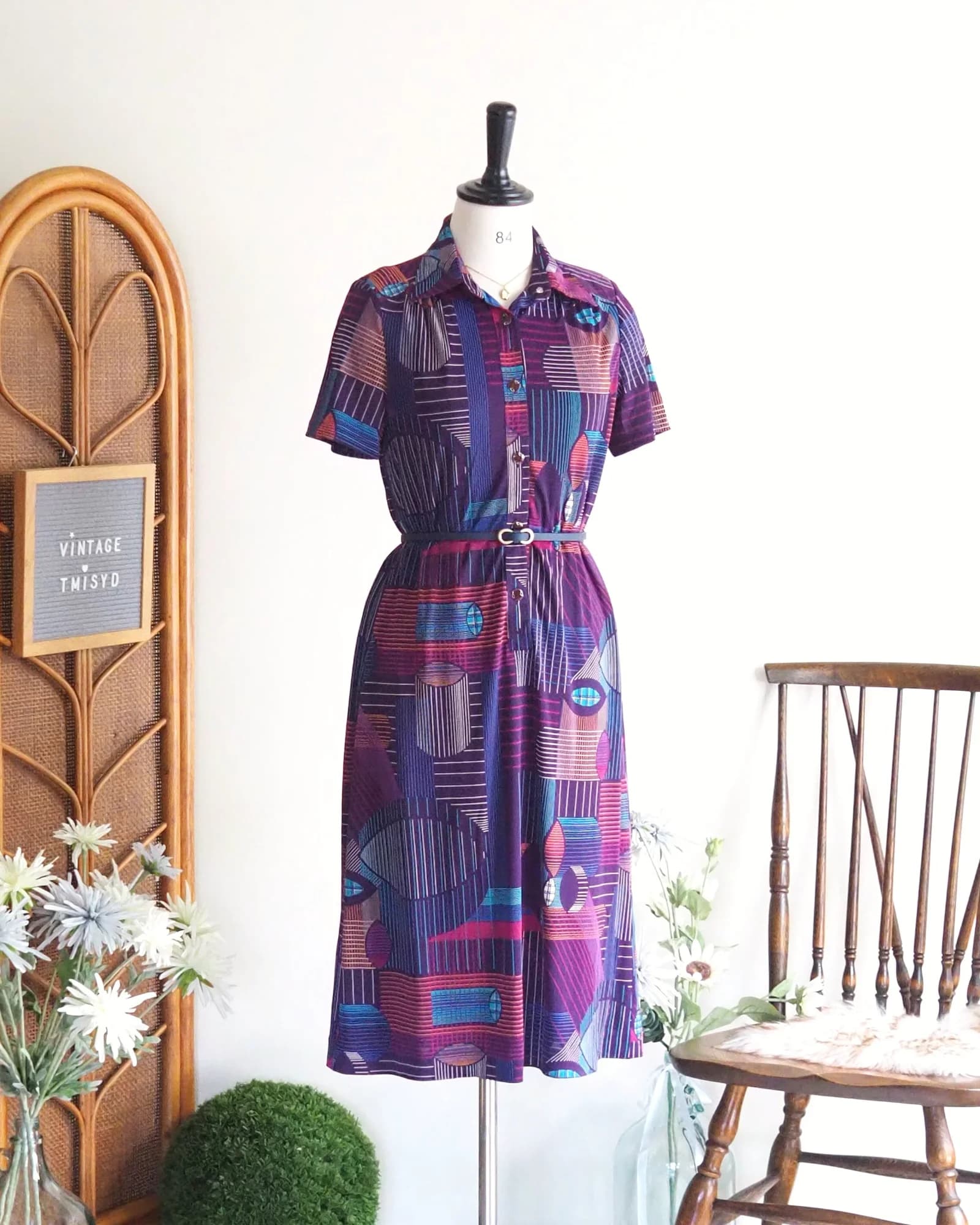 เดรสวินเทจ ตัวปล่อย สีม่วง Retro Geometric