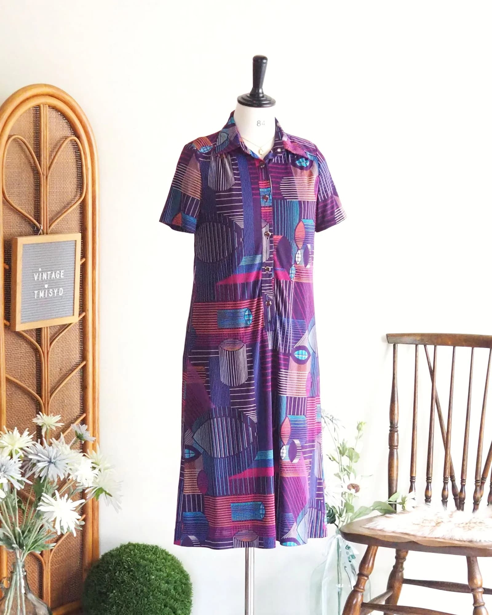 เดรสวินเทจ ตัวปล่อย สีม่วง Retro Geometric