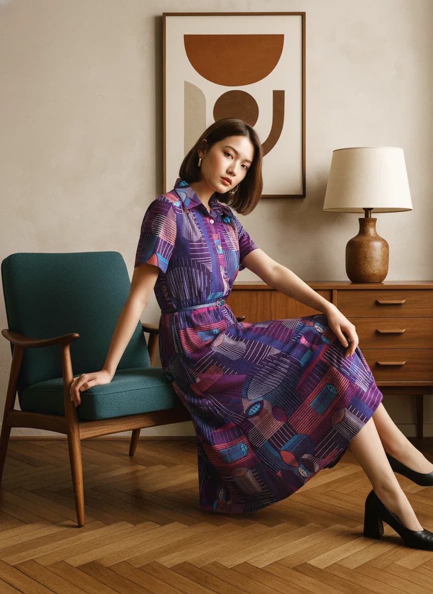 เดรสวินเทจ ตัวปล่อย สีม่วง Retro Geometric